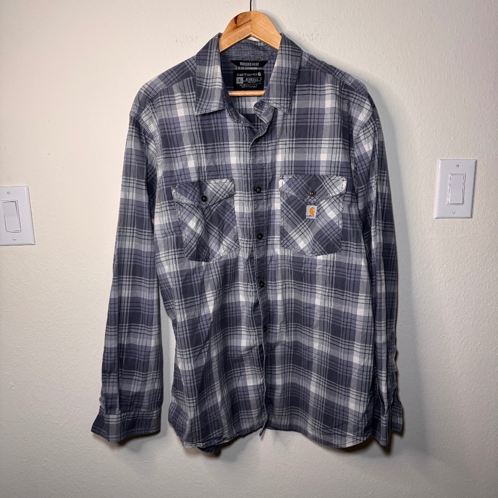 Carhartt Rugged Flex Plaid Shirt Men’s XL Gray Relaxed Fit Workwear Casual